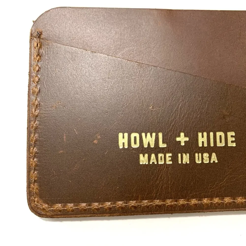 Howl + Hide Brown Leather Multi-Slot Card Wallet Made in USA Indy 24 Gold Logo